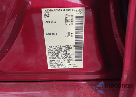 2015 Nissan Altima 2.5/S/Sv/Sl из США, поврежденный, VIN 1N4AL3AP3FC210534